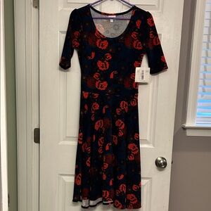 LuLaRoe Navy and Red Floral Midi Dress